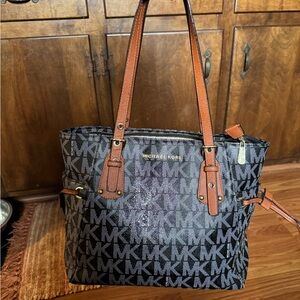 Michael Kors Black and Brown Signature MK Tote with Tan Leather Straps